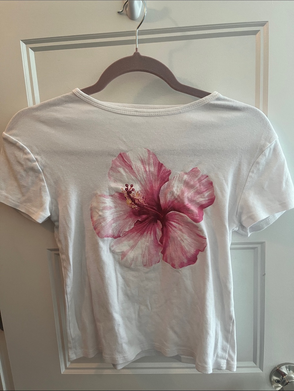 Urban Planet White Tee with Pink Hibiscus Bloom